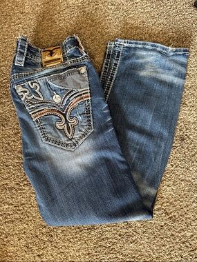 Rock Revival Blue Maken Relaxed Taper Jeans with Embroidered Pockets